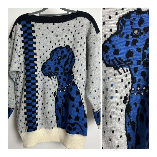 Vintage 1980 1990s Up To Size 14/16 Grey Black & Blue Dalmatian Dog Sequin & Bead Detail Long Sleeve Jumper