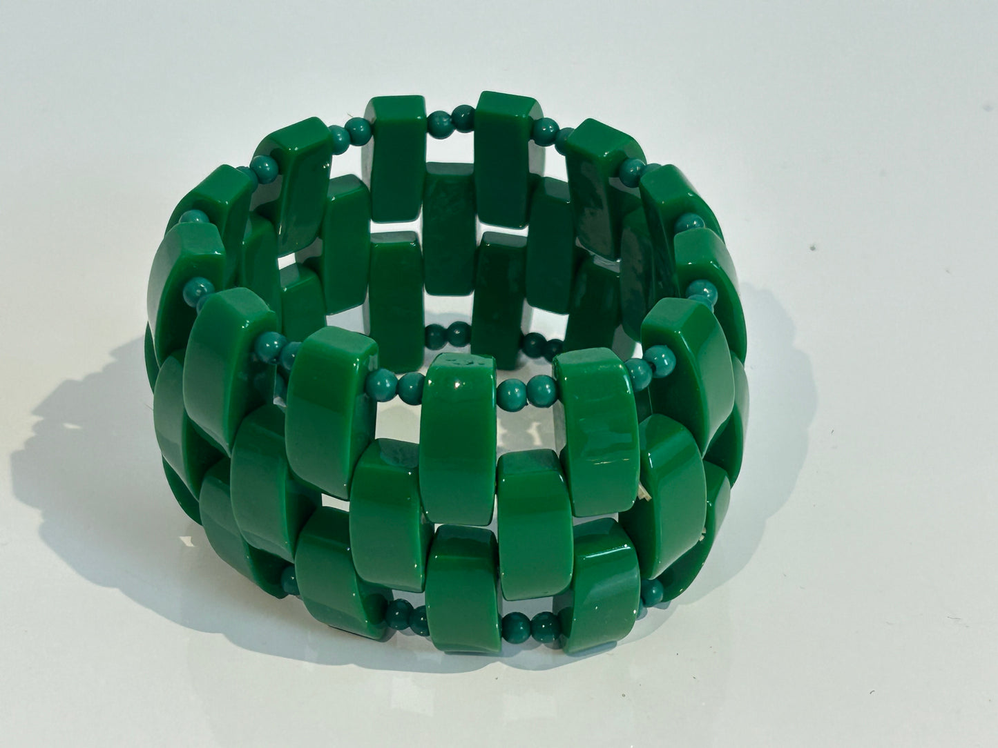 Vintage Dark Green Plastic Bead Wide Stretchy Elasticated Bracelet