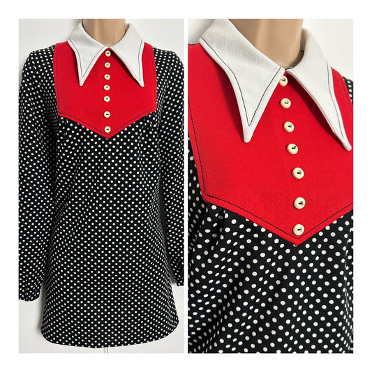 Vintage 1960s UK Size 8 Black & White Polka Dot Print Dagger Collar Long Sleeve Mini Mod Shift Dress