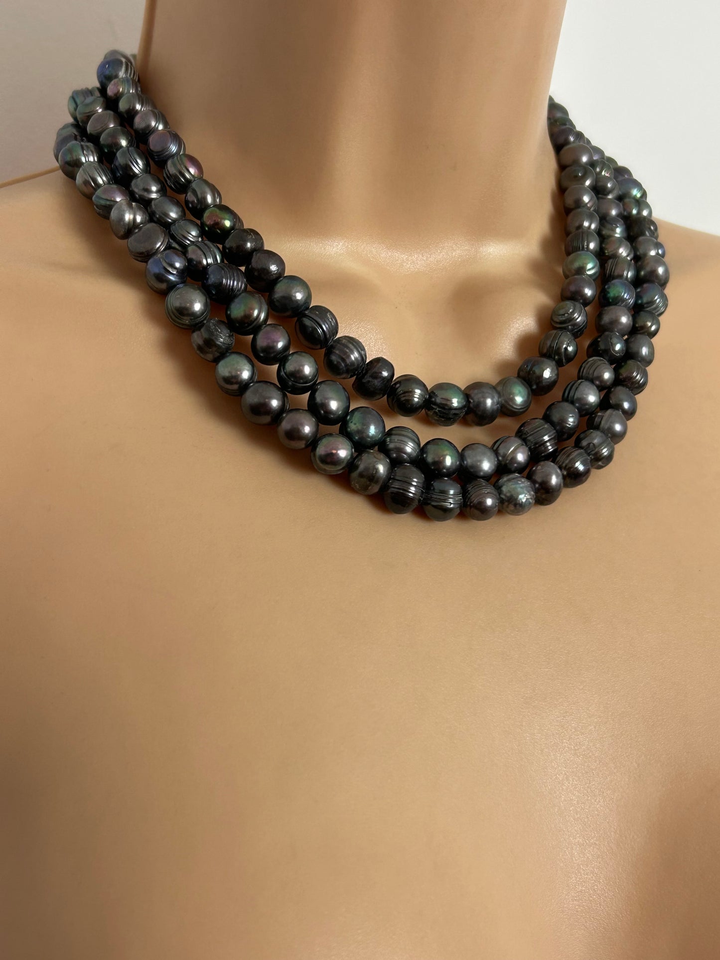 Beautiful Black Real Freshwater Baroque Pearl Multistrand Necklace With Mother Of Pearl Flower Clasp