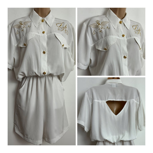 Vintage 1980s ST DENIS Size 10 White & Gold Embroidered Detail Cut Out Back Summer Playsuit