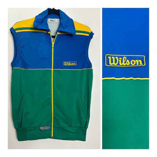 Vintage WILSON PROSTAFF Tennis-Wear Size 12 Blue Green & Yellow Retro Sleeveless Gilet Windbreaker