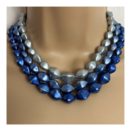 Vintage 1960s Blue Tones Plastic Bead Triple Strand Beaded Choker Necklace