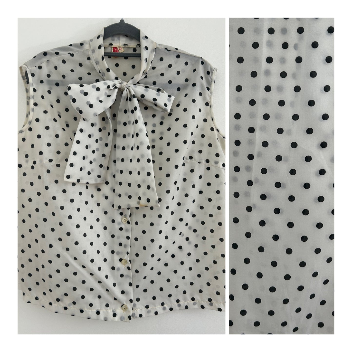 Vintage Late 1960s Size 12-14 White & Black Polka Dot Pussy Bow Sleeveless Blouse/Top