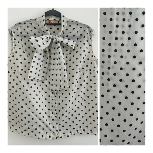 Vintage Late 1960s Size 12-14 White & Black Polka Dot Pussy Bow Sleeveless Blouse/Top