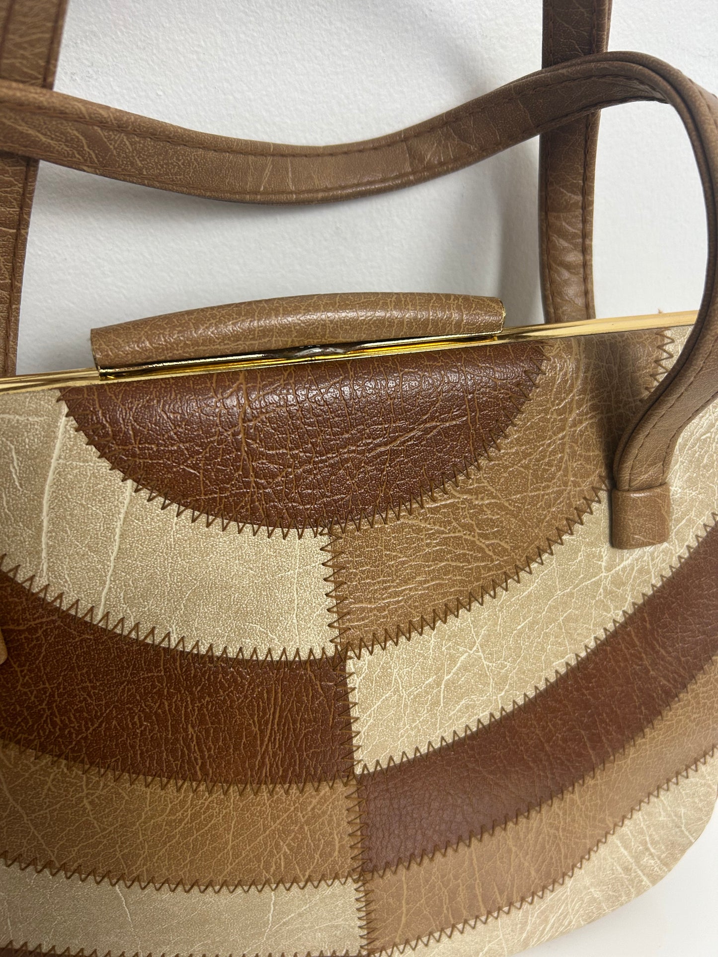 Vintage 1960s WEYMOUTH AMERICA Tan Brown & Beige Faux Leather Patchwork Panels Handbag