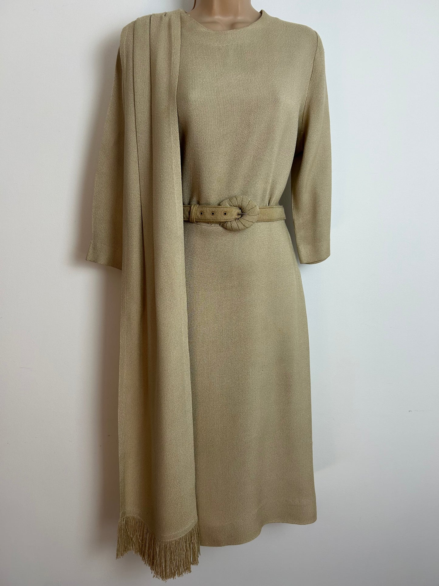 Vintage 1950s CHARLES BUTLER Size 12 Beige MOYGASHEL Irish Linen Belted Dress