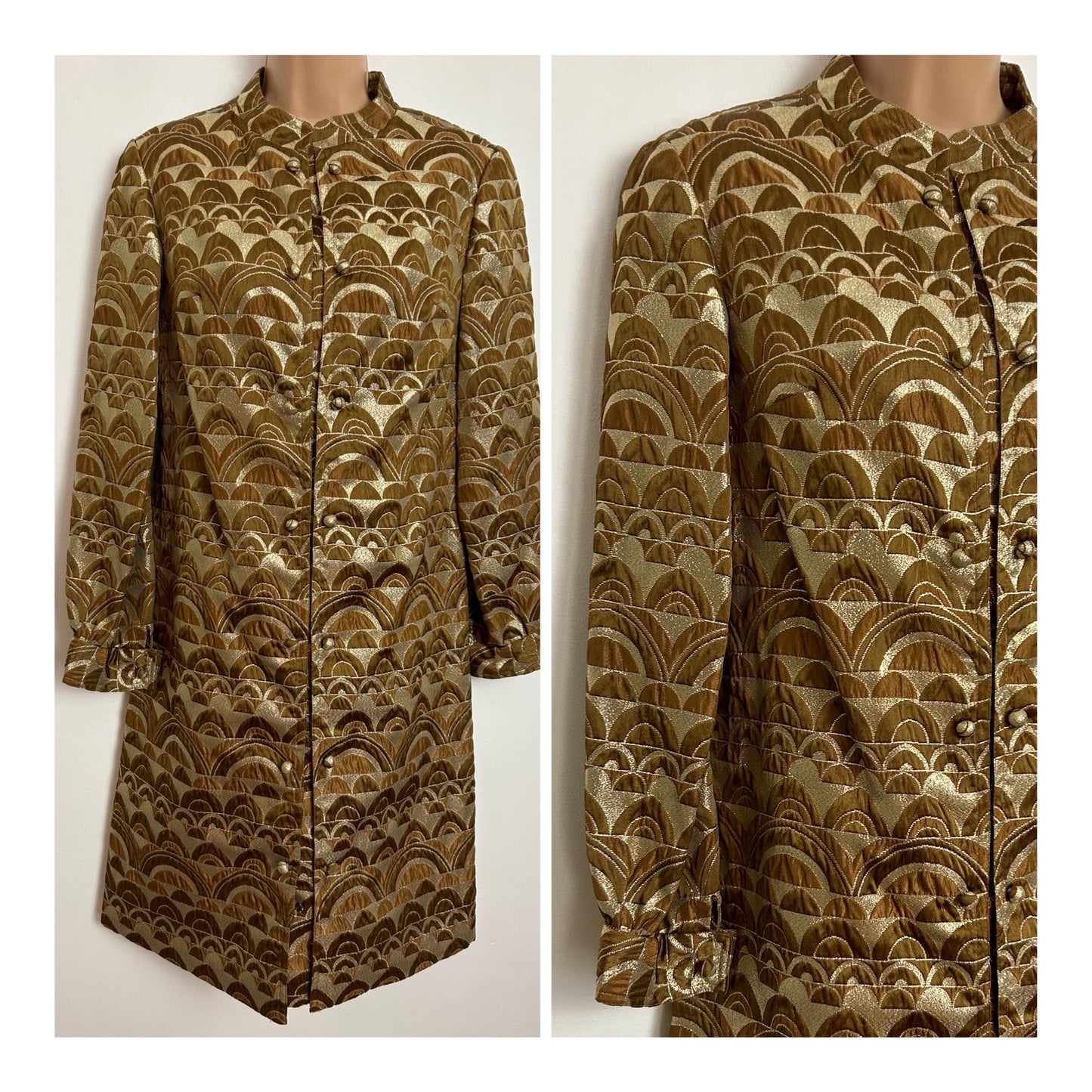 Vintage 1960s LA STRADA UK Size 10 Gold & Bronze Brocade Arc Print Long Sleeve Mod Occasion Party Shift Dress