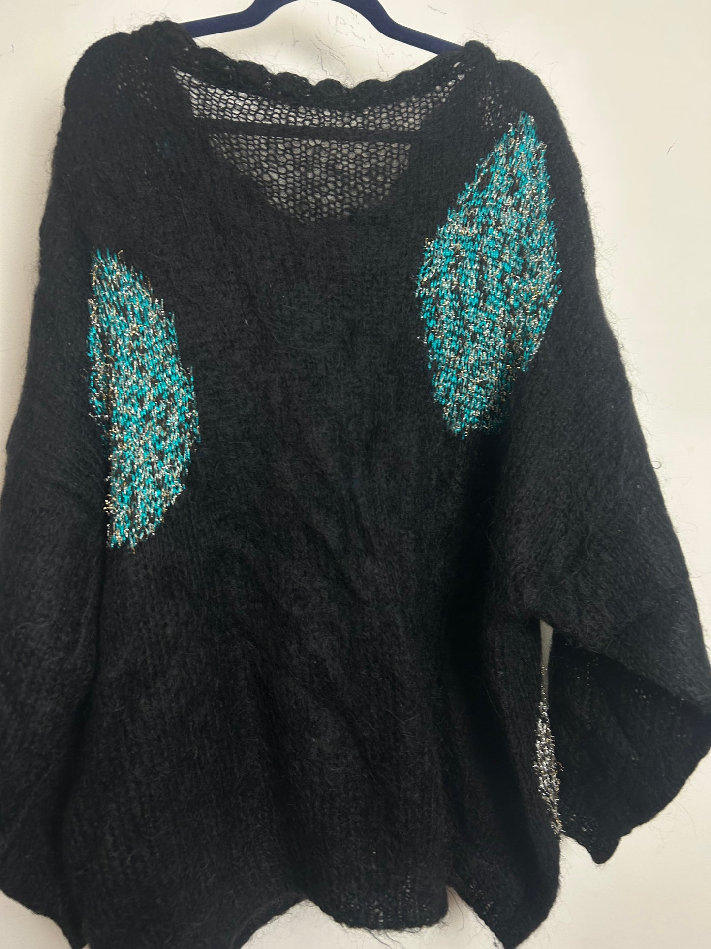 Vintage 1980s One Size Up To Size 18 Black Turquoise & Silver Mohair Mix Slouchy Jumper