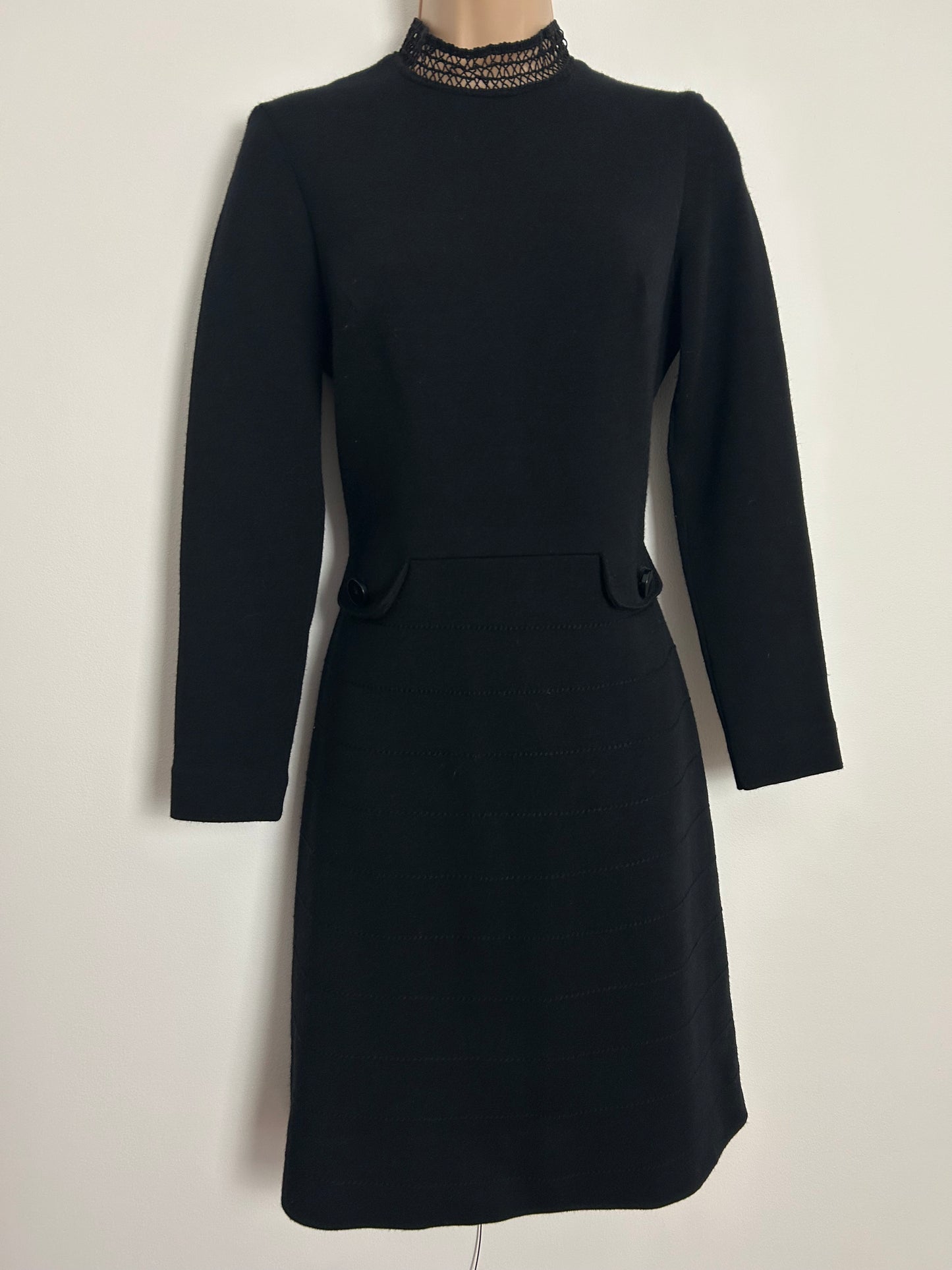 Vintage 1960s UK Size 8 Black Wool Mix Lace Trim & Pocket Detail Mod Dress