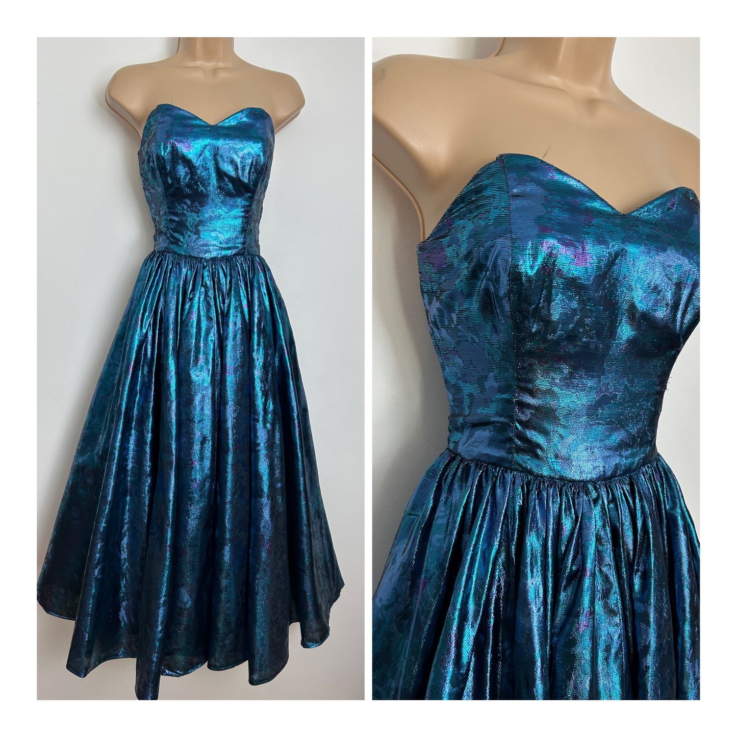 Vintage 1980s Size 8 Blue & Purple Metallic Lame Strapless Party Prom Ballgown Dress