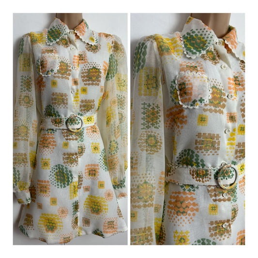 Vintage 1960s Size 10 Cute White Orange Green Brown & Yellow Abstract Print Long Sleeve Belted Mini Mod Dress
