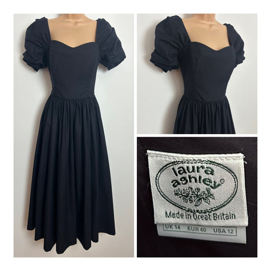 Vintage 1980s LAURA ASHLEY Size 10 (14 On Labels) Black Cotton Boned Princess Ballgown Dress