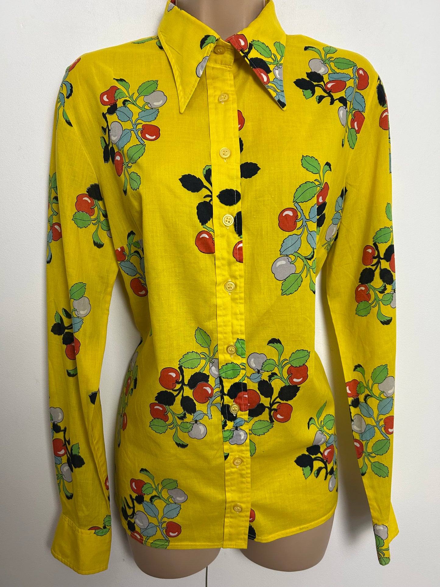 Vintage 1970s Size 12-14 Yellow Red Blue & Green Berry & Leaf Print Dagger Collar Long Sleeve Cotton Shirt