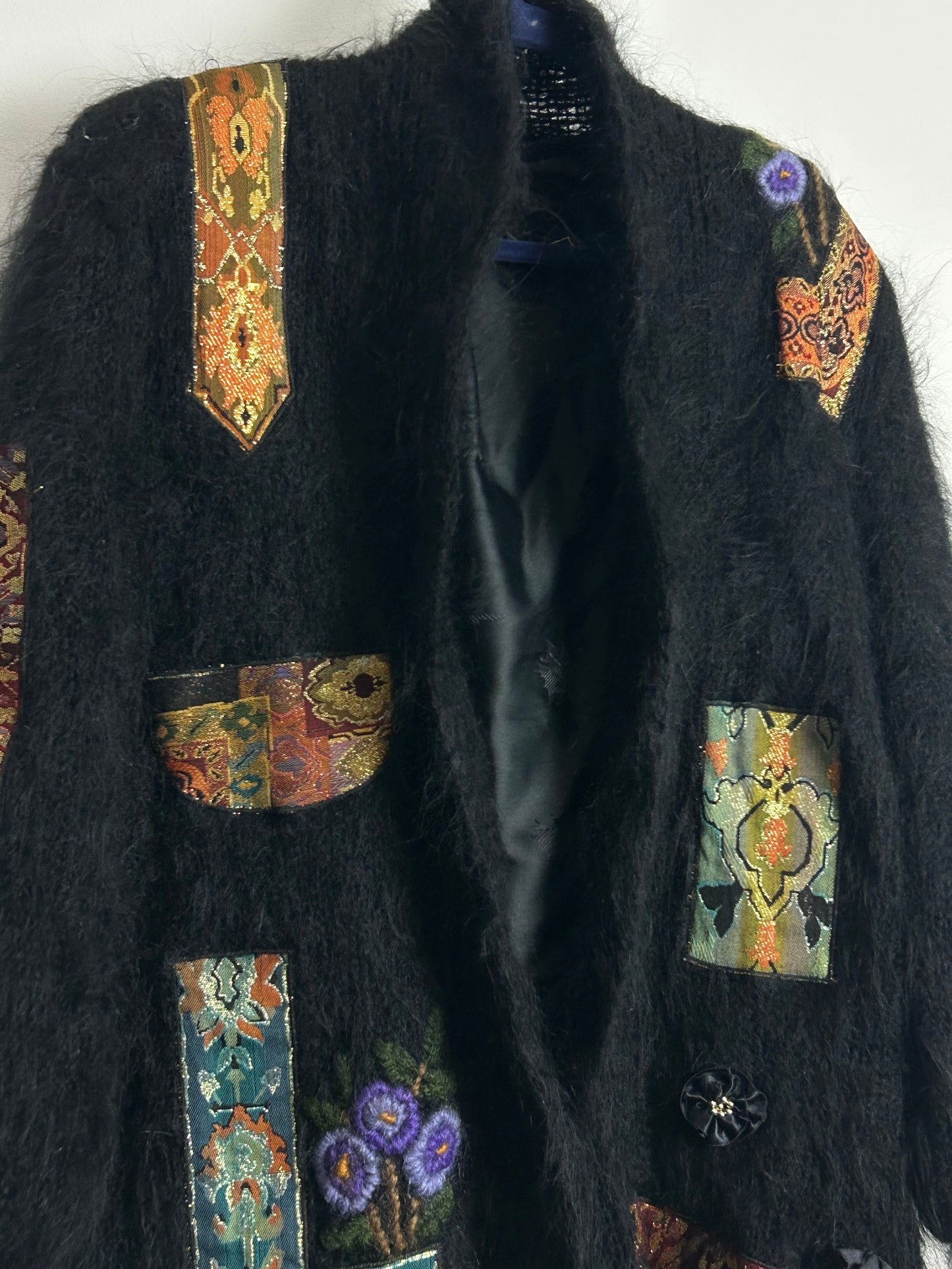 Vintage 1980s Up To Size 18 Black Wool Applique Detail Fully Lined Handmade Open Fronted Cardigan Coatigan