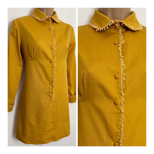 Vintage 1960s TOP TEN BY LINCOLN UK Size 8 Mustard Yellow Eyelash Frill Long Sleeve Cotton Mini Mod Shift Dress