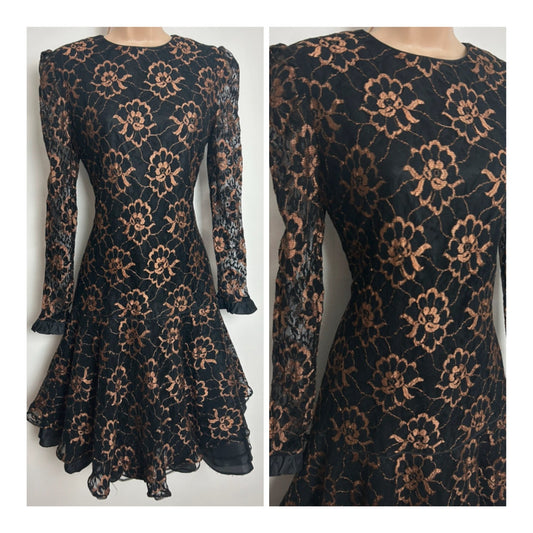 Vintage 1980s RICKI LANG FOR NUIT Size 10-12 Black & Bronze Floral Lace Party Prom Dress