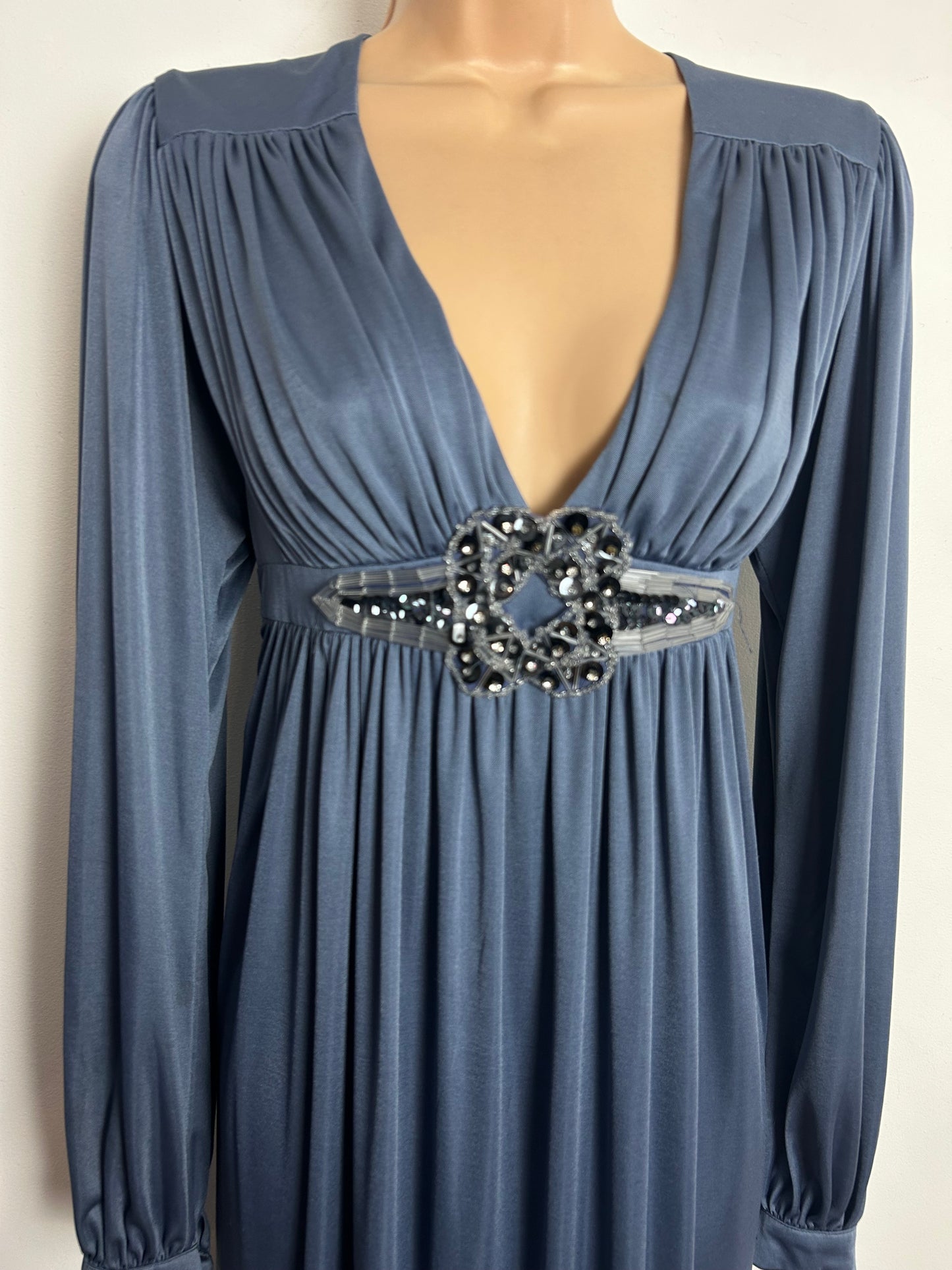 Vintage Early 1970s RARE COLIN GLASCOE Size 10-12 Pewter Gather Pleated Bead Applique Long Sleeve Maxi Dress