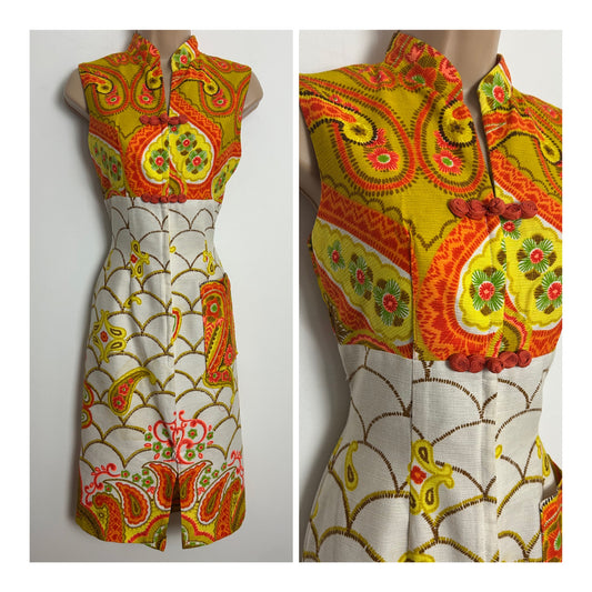 Vintage 1960s SEARS HAWAIIAN FASHION Size 8 White Orange & Lemon Abstract Floral Print Cotton Dress