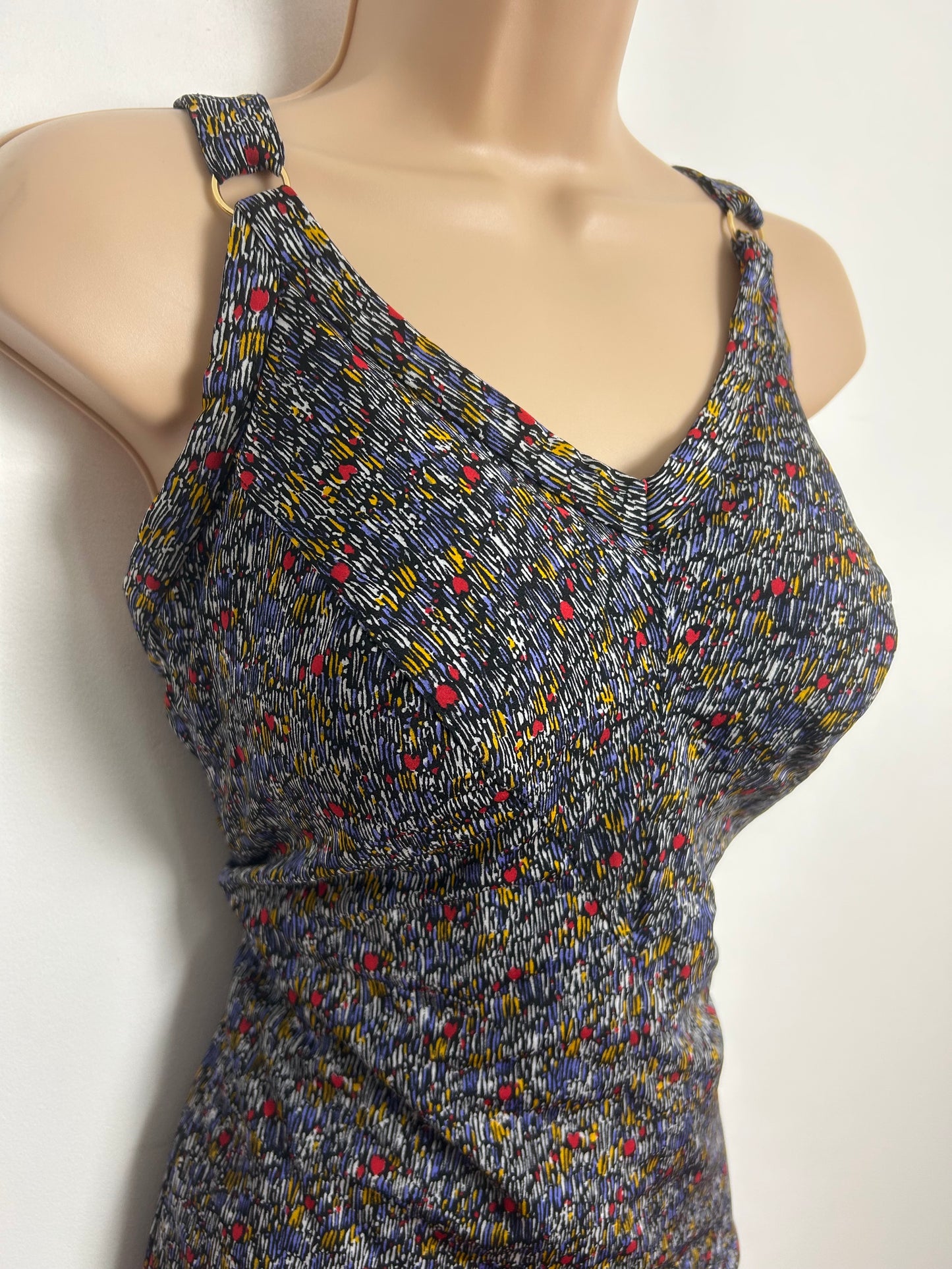 Vintage 1960s ANITA Size 14-16 Black Blue Red & Yellow Abstract Print Moulded Cup Skirted Swimsuit