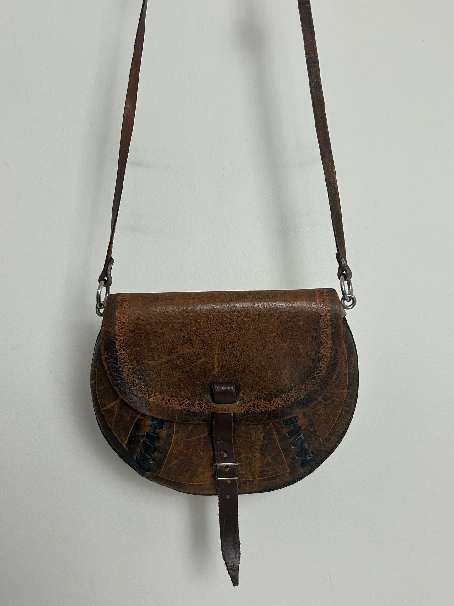 Vintage 1980s Small Handmade Distressed Western Style Crossbody Leather Saddle Bag