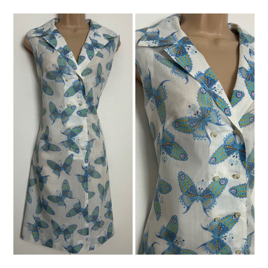 Vintage 1960s MR GEORGE Size 12 White & Blue Butterfly Print Cotton Mix Shift Style Mod Dress