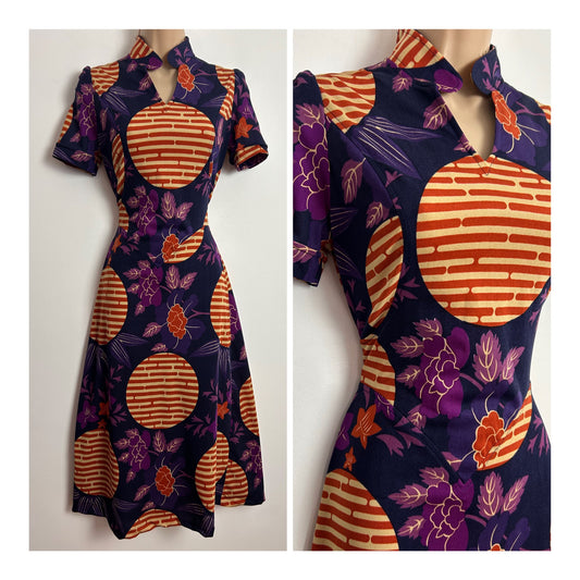 Vintage 1970s MISS LAGOTTE Size 6-8 Blue Purple Orange & Cream Floral & Stripe Print Short Sleeve Day Dress