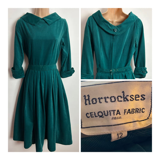 Vintage 1950s HORROCKSES UK Size 6 Teal Green Corduroy Belted Pleated Day Dress