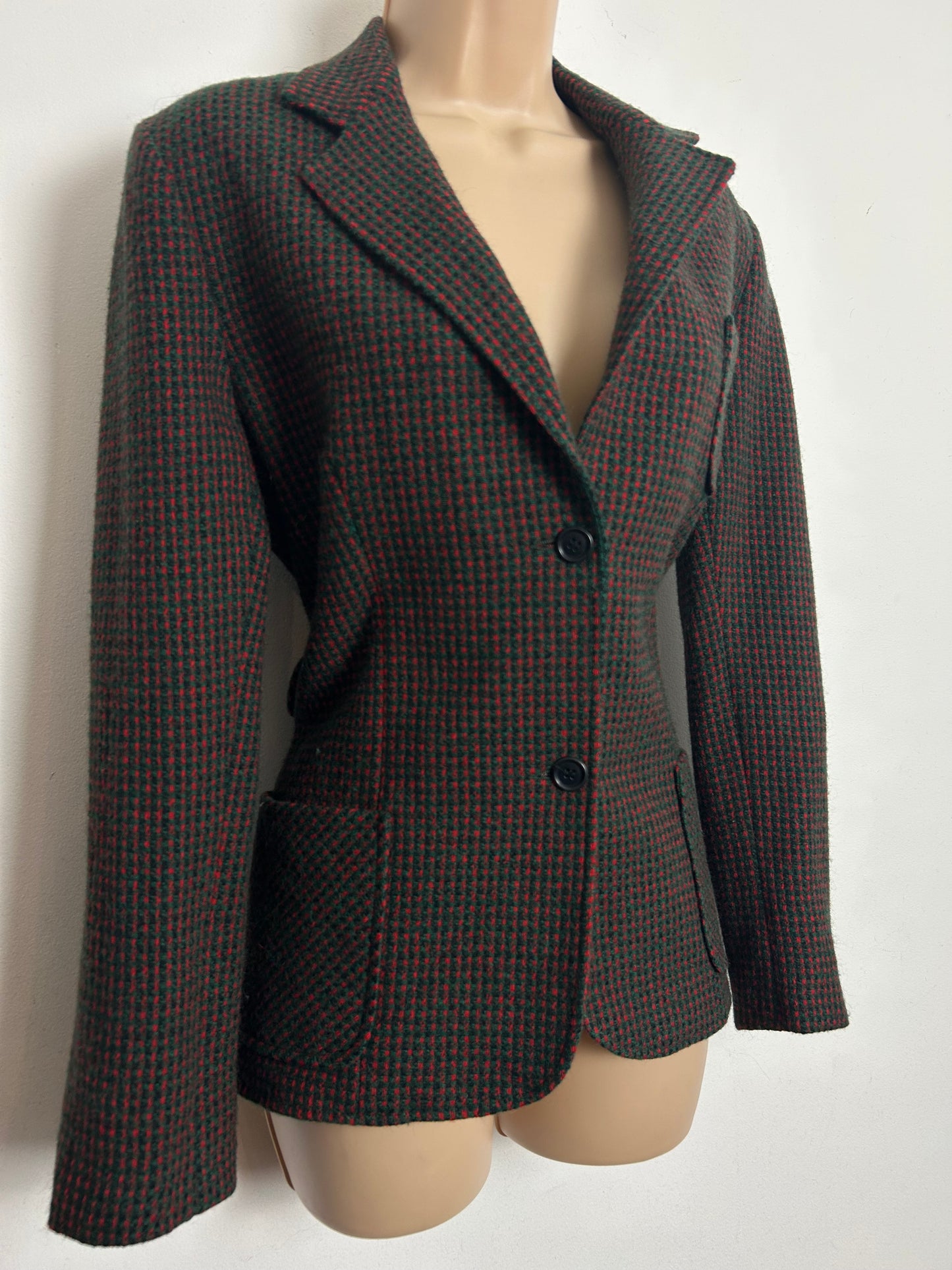 Vintage Late 70s/Early 80s YOUNG TRADITIONS Size 10-12 Dark Green & Red Tweed Check Wool Mix Blazer