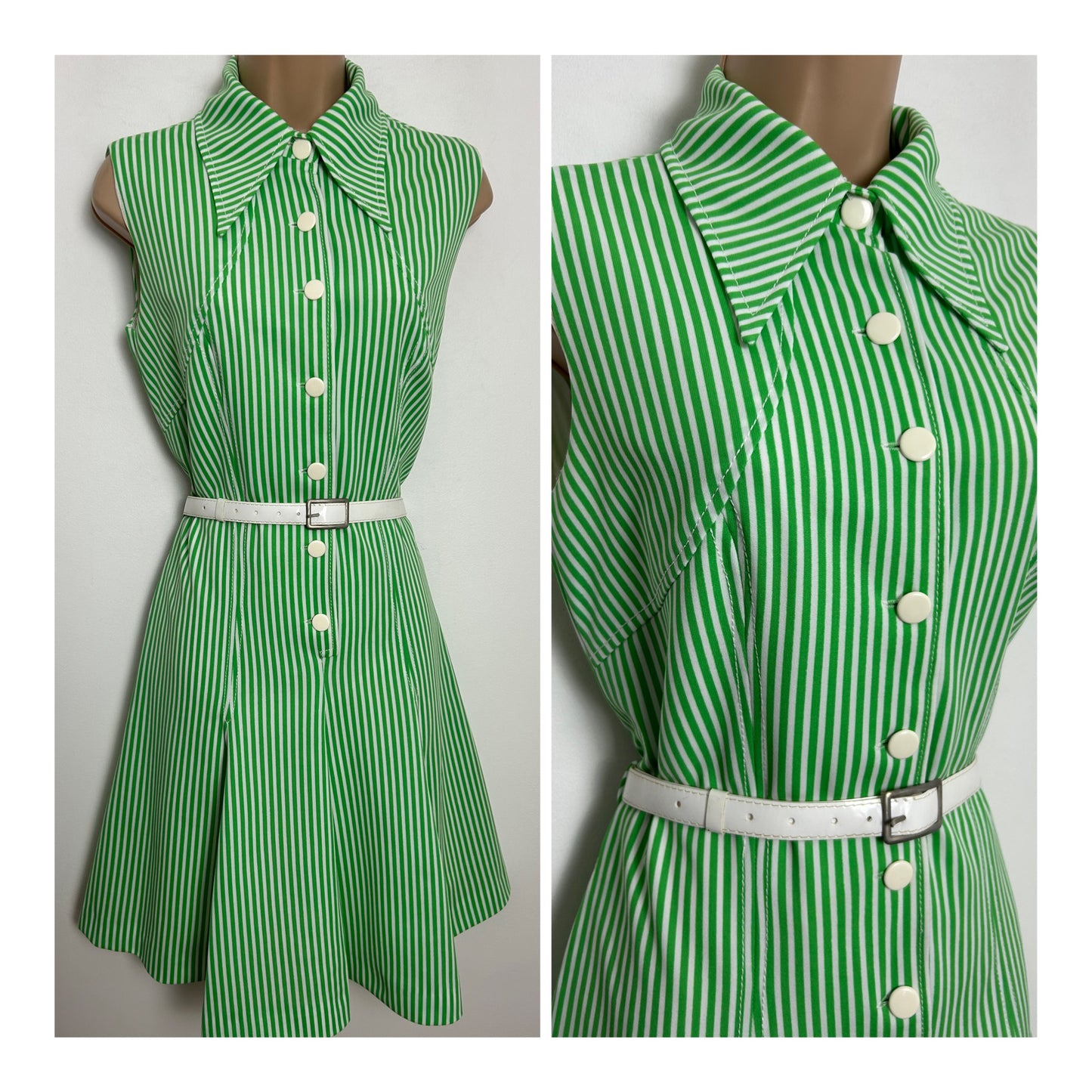 Vintage 1970s Size 10 Green & White Stripe Print Sleeveless Belted Fit & Flare Mod Dress