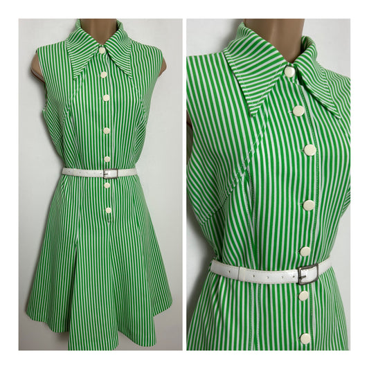 Vintage 1970s Size 10 Green & White Stripe Print Sleeveless Belted Fit & Flare Mod Dress