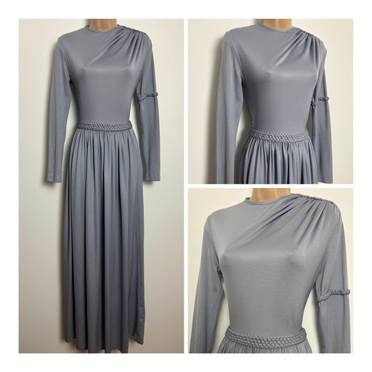 Vintage Late 1970s RICHARD SHOPS Size 8 Silvery Grey Plait Detail Grecian Style Occasion Maxi Dress