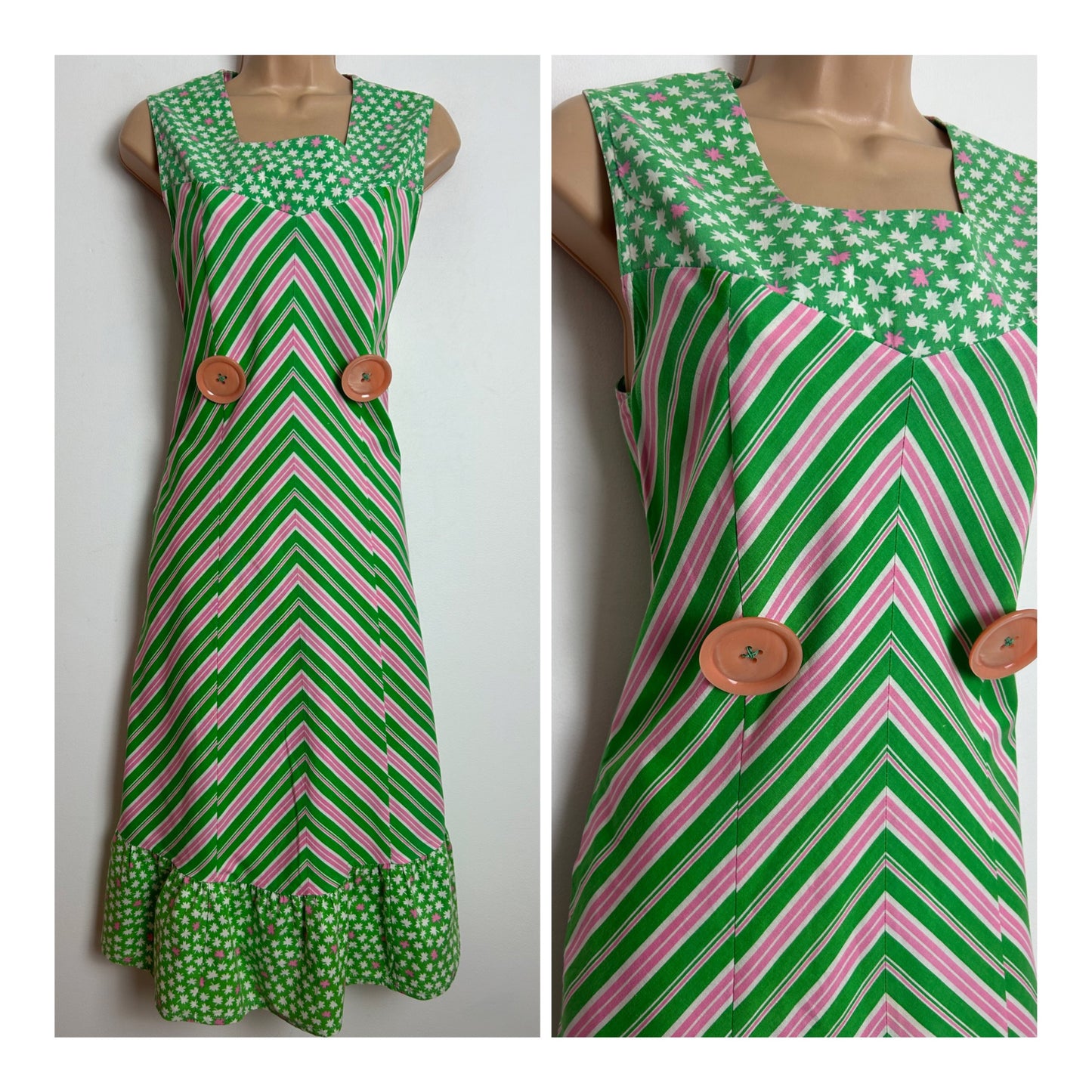 Vintage 1970s Size 10-12 Green & Pink Chevron Stripe & Leaf Print Cotton Button Detail Shift Dress