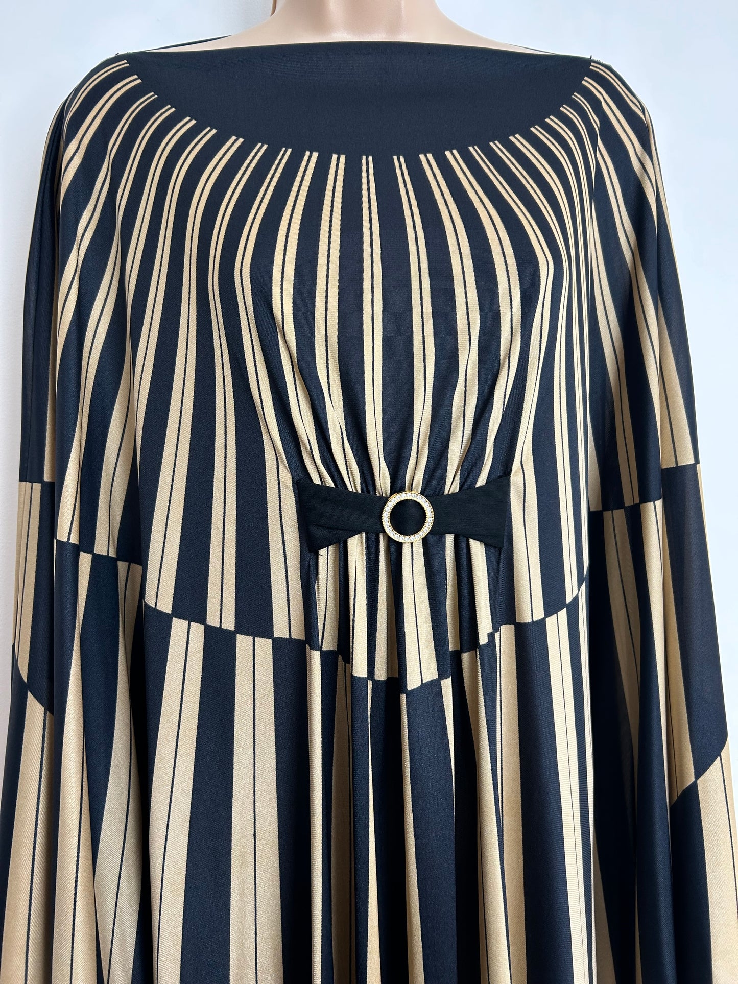 Vintage 1970s AMAZING One Size Black & Gold Stripe Print Very Wide Sleeve Occasion Evening Kaftan Maxi Dress