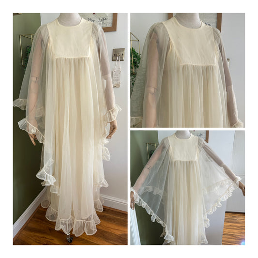 Vintage 1960s Size 10 Cream Nylon Double Layered Ruffle Trim Wide Floaty Sleeve Boho Maxi Dress