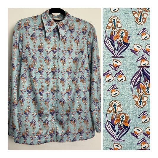 Vintage 1970s Size 14 Blue Purple Brown & Orange Floral Dagger Collar Long Sleeve Shirt