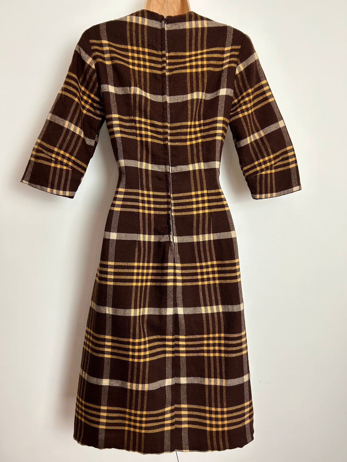 Vintage 1960s UK Size 8 Brown & Mustard Yellow Check Print Wool Mod Day Dress