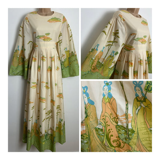 Vintage 1970s VOGUE PARIS ORIGINAL Size 12 Cream Orange & Green Japanese Geisha Girl Print Pleated Empire Line Maxi Dress