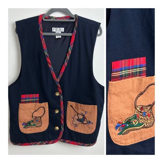 Vintage F.1 MALIK Size 12 (Med) Navy Blue Wool Mix Tartan Check Trim & Embroidered Pocket Detail Waistcoat