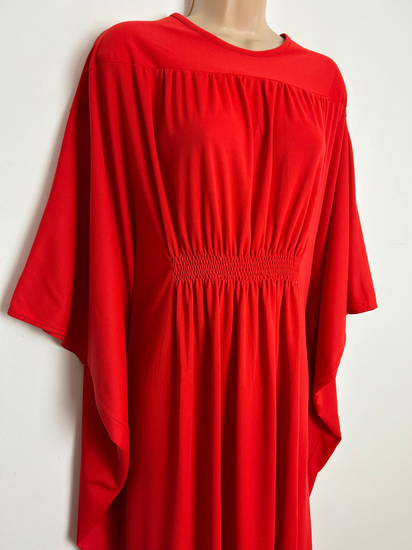 Vintage 1970s EVANS One Size Red Shirred Waist Detail Wide Sleeve Kaftan Maxi Dress