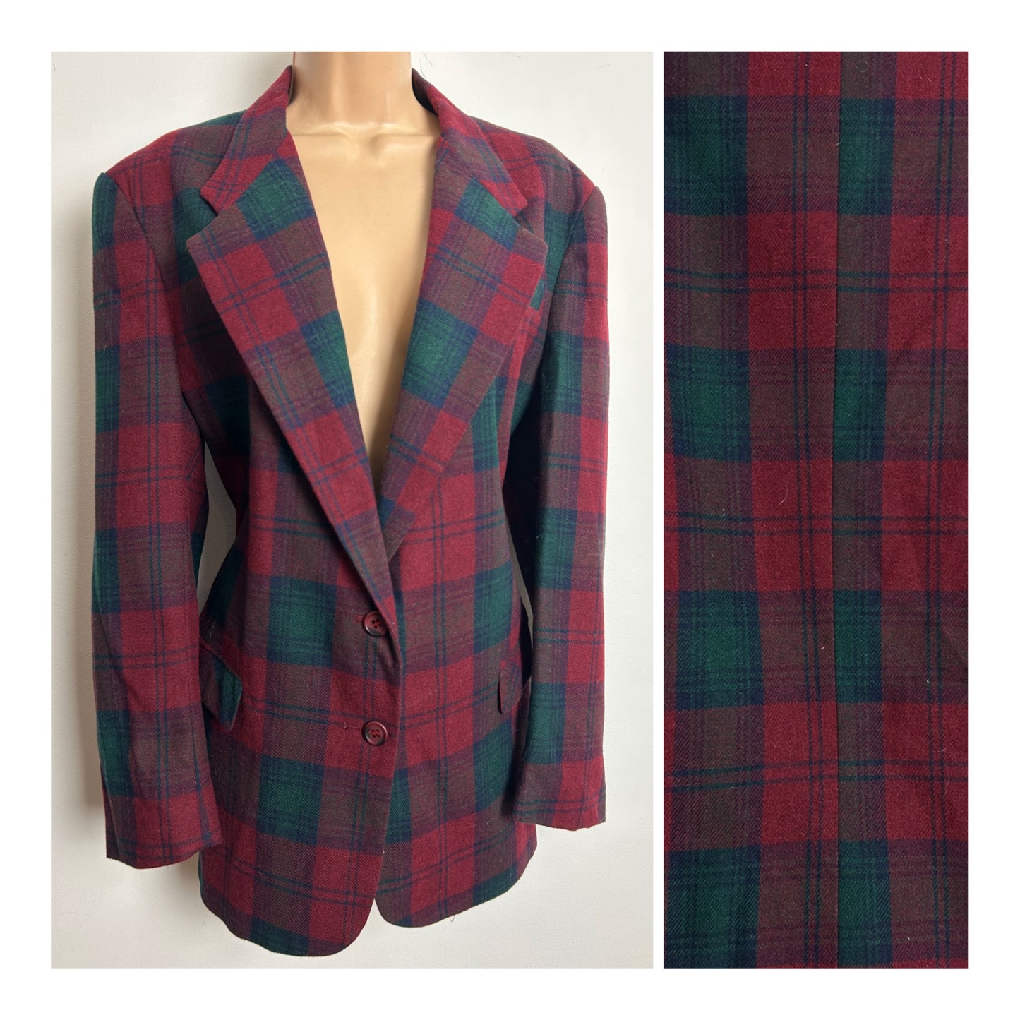 Vintage 1980s Size 14-16 Dark Red & Green Tartan Check Wool Mix Blazer
