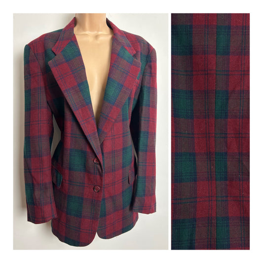Vintage 1980s Size 14-16 Dark Red & Green Tartan Check Wool Mix Blazer