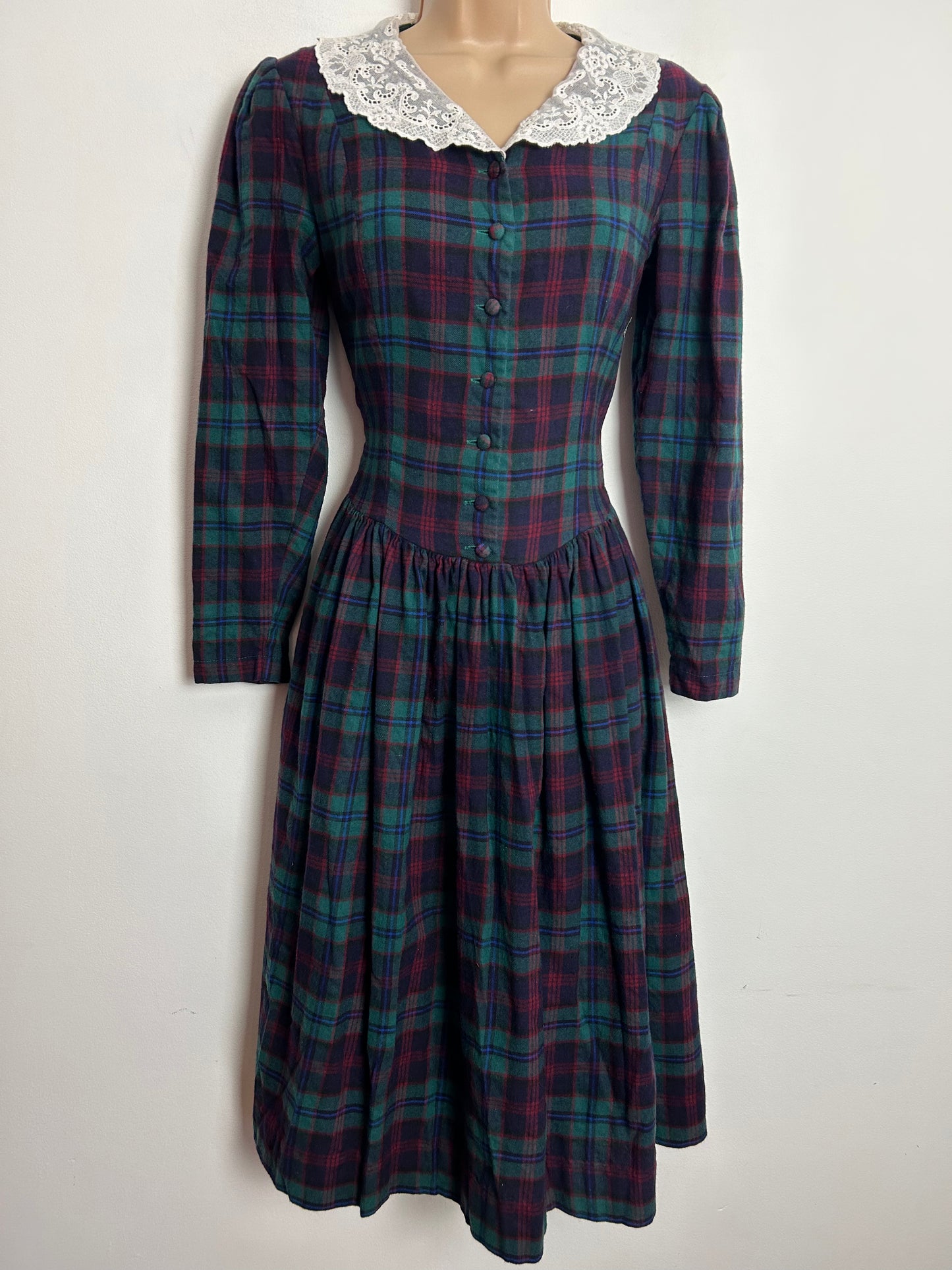 Vintage 1980s Laura Ashley UK Size 6-8 (10 On Label) Wool Mix Green Navy & Red Tartan Check Print Lace Collar Midi Dress