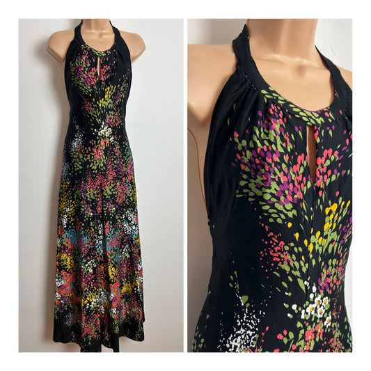 Vintage 1970s Size 8 Pretty Black Pink Green Yellow & Blue Floral Print Halter Neck Maxi Dress