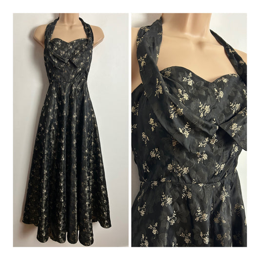 Vintage 1950s DULA MODELS UK Size 6-8 Beautiful Black Pewter & Gold Floral Satin Jacquard Halterneck Evening Gown