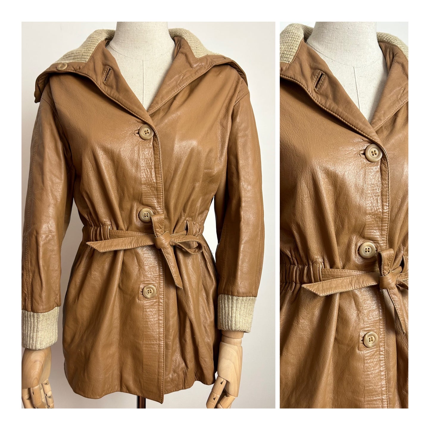 Vintage 1970s McPHAIL & FISHER UK Size 8-10 Caramel Leather & Wool Ribbed Tie Waist Jacket