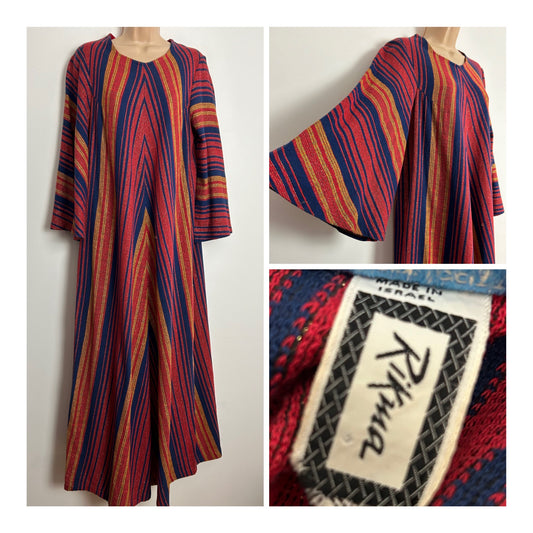 Vintage 1960s EXTREMELY RARE RIKMA BY ROZI BEN YOSSEF Up To Size 12 Red Blue & Gold Stripe 100% Cotton Woven Long Flared Sleeve Kaftan