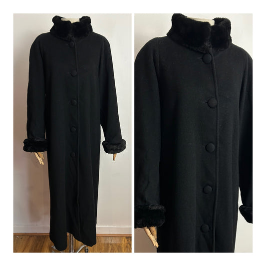Vintage 1980s ALBERT NIPON UK Size 14-16 Black 100% Wool Faux Fur Trim Longer Length Coat