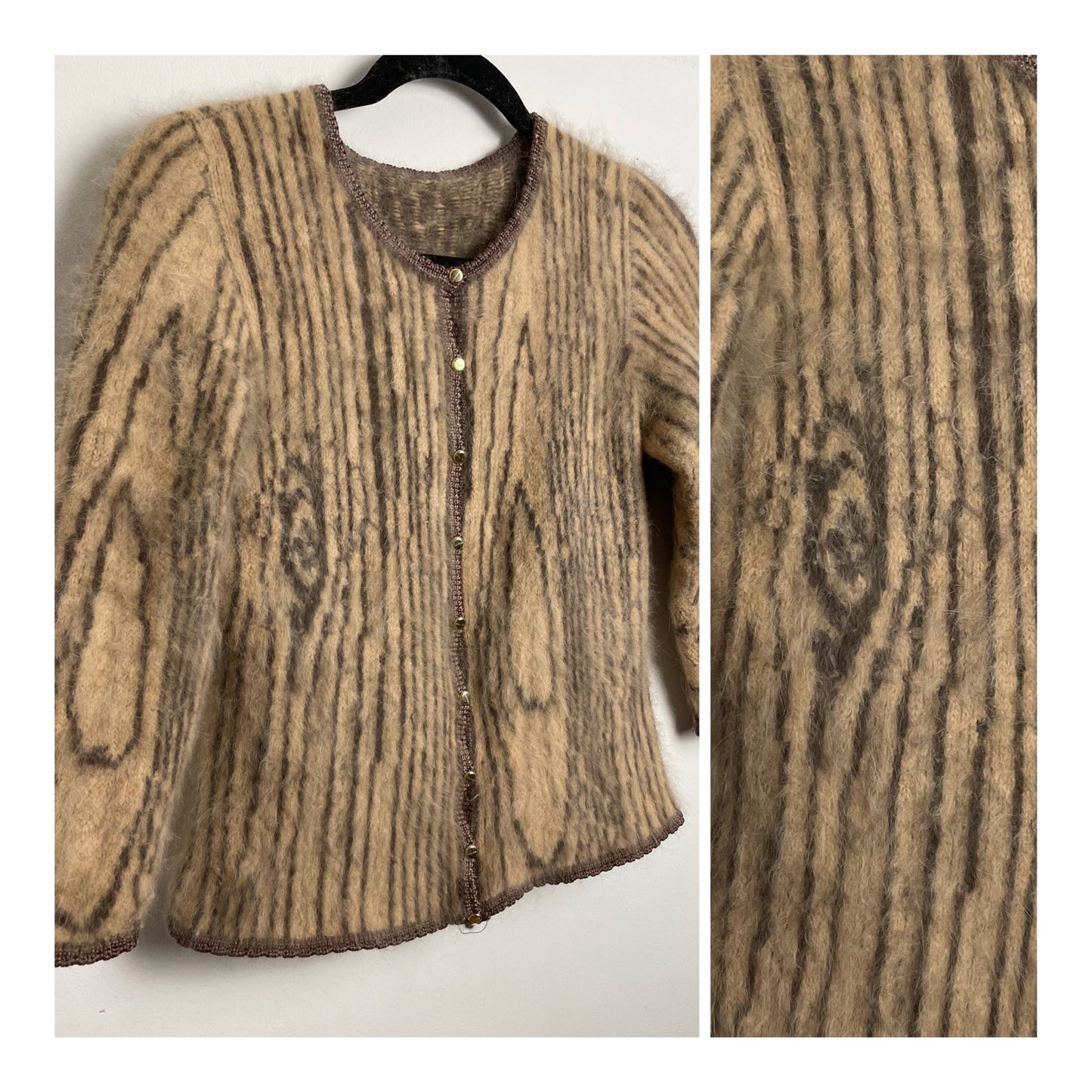 Vintage 1980s RARE ANNY BLATT Giverny UK Size 6 Angora & Wool Mix Brown & Sandy Beige Animal Tiger Stripe Cardigan