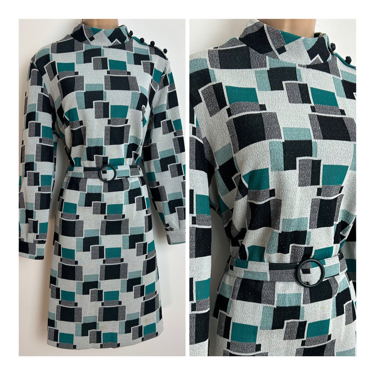 Vintage 1960s Size 16 Teal Black & White Geo Square Print Crimplene Belted Long Sleeve Mod Dress